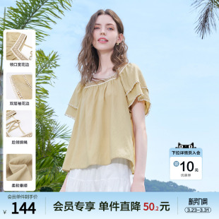 双层袖 betu百图波西米亚花边方领衬衫 新款 2025年夏季 衬衣 女短袖