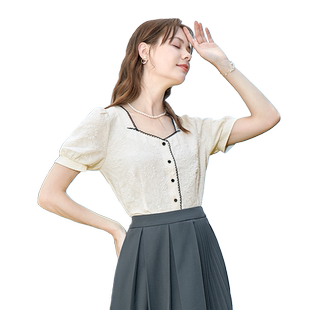 betu百图女装2024年夏季新款法式优雅设计感衬衫方领短袖衬衣