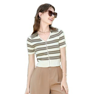 betu百图女装2024年夏季新款条纹薄款短袖拉链V领针织开衫上衣