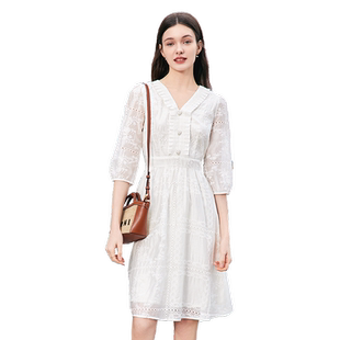 betu百图白色绣花V领连衣裙女2025年夏季新款七分袖高腰衬衫裙