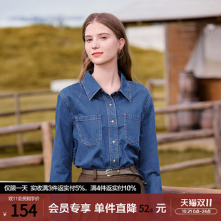 betu百图复古深蓝色牛仔衬衫女长袖2026年春秋新款纯棉衬衣