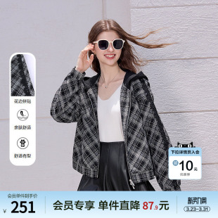 拉链夹克 短款 betu百图小香风黑色格子连帽外套女2026年春季 新款