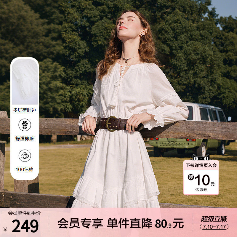 betu百图法式蕾丝荷叶边连衣裙女2026年春季新款白色气质收腰裙