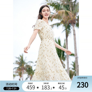 松紧腰中长裙 betu百图法式 方领碎花连衣裙女2025年夏季 新款 短袖
