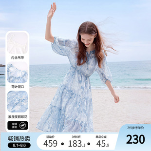 新款 betu百图度假风海边印花连衣裙女2025年夏季 飘逸垂感雪纺裙