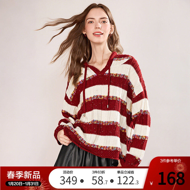 betu百图别致好看红白条纹针织衫女2026年春季新款宽松连帽毛衫,女装/女士精品,毛针织衫,淘宝优惠券,粉丝福利购,淘宝优惠卷