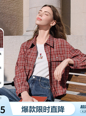 betu百图英伦风红色格子衬衫女长袖2026年春季新款显瘦衬衣外套