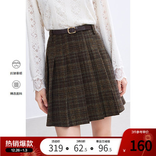 betu百图高腰毛呢半身裙女格子短裙2025年冬季 百褶裙A字裙 新款