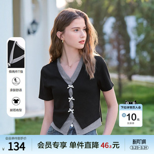 V领上衣 新款 betu百图黑色设计感假两件针织T恤女短袖 2026年夏季