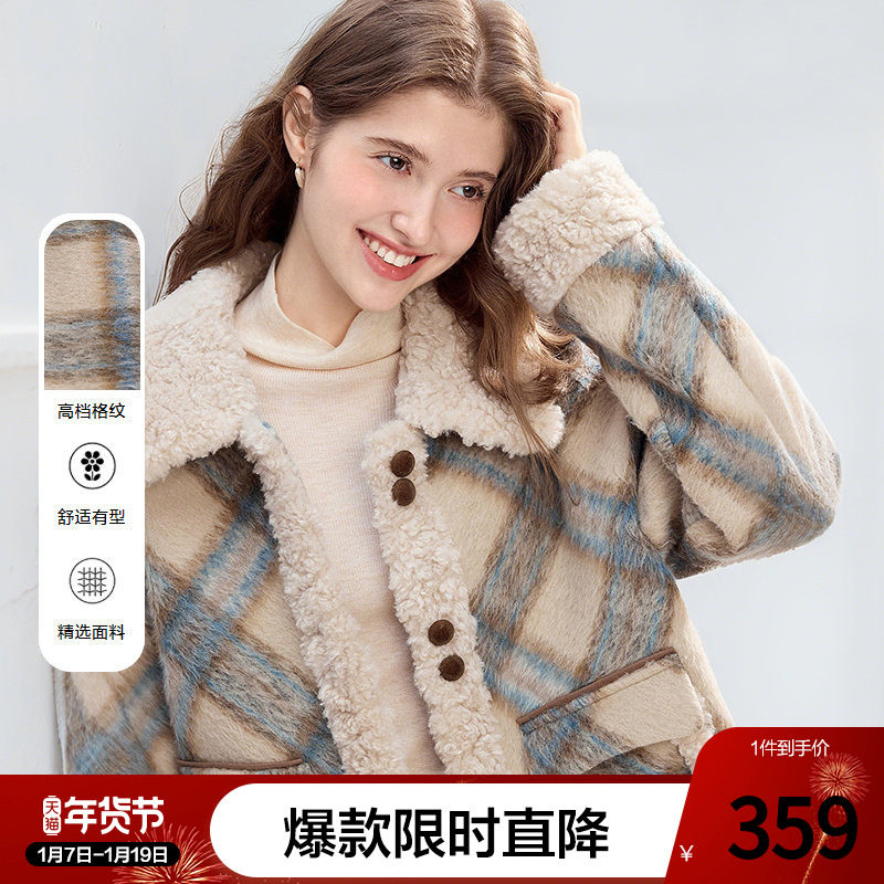 betu百图复古拼接格子仿羊羔绒外套女2025年冬季新款加厚间棉外套,女装/女士精品,短外套,淘宝优惠券,粉丝福利购,淘宝优惠卷