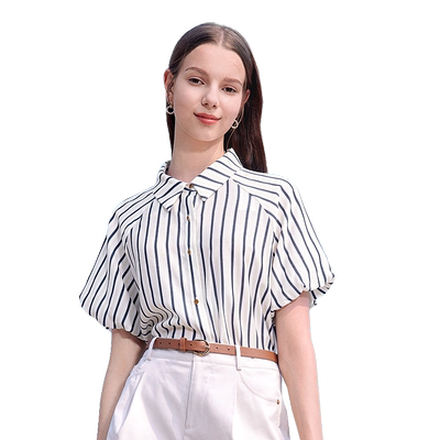 betu百图法式灯笼袖竖条纹衬衫女士2025年夏季新款气质复古衬衣