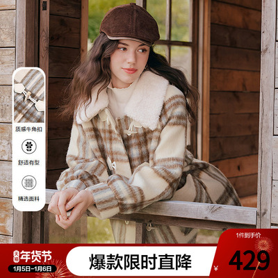betu百图毛领牛角扣格子毛呢外套女2025年冬季新款加厚呢子大衣