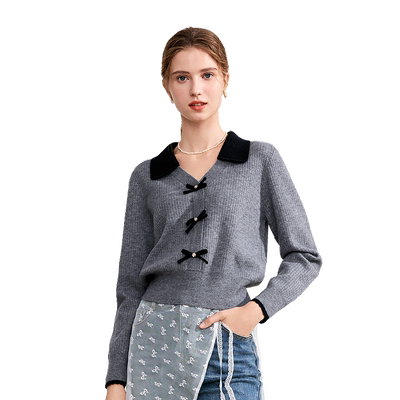 betu百图法式小香风蝴蝶结V领针织衫女2026年春季新款短款毛衣