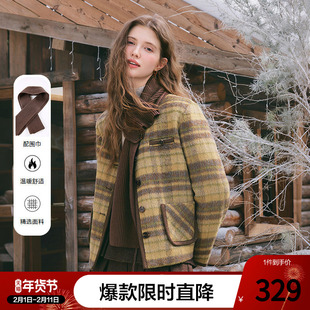 betu百图学院风围巾领格子外套女2025年冬季新款短款小西装夹克