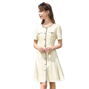 betu百图女装2024年夏季新款小香风撞色短袖圆领高腰连衣裙子