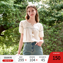 百图法式绑带圆领衬衫女泡泡袖2025年夏季新款纯棉短袖衬衣