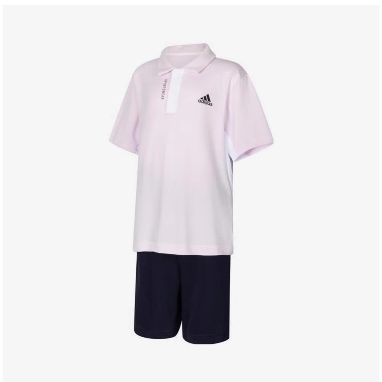 阿迪达斯正品童装2025夏款男女童运动休闲透气POLO衫短裤两件套装