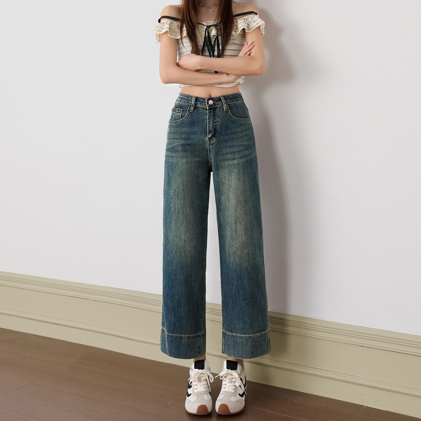 【甜甜粉丝专享】春款2026高腰弹力直筒窄版宽脚边九分裤