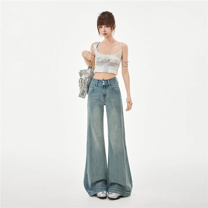 春款2026高腰双扣收腹微喇裤微阔宽松弹力拼接喇叭