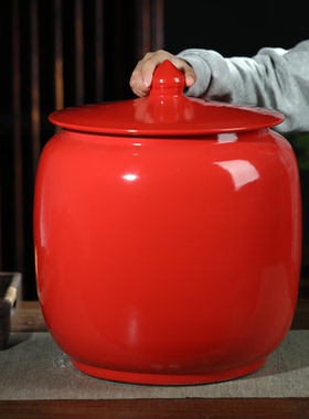 景德镇红色陶瓷米缸家用带盖10斤20斤密封桶防潮防虫储米箱米桶