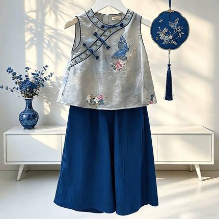 女童国风新中式改良汉服套装夏装儿童蝴蝶印花无袖阔腿裤两件套