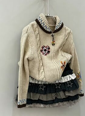 女大童翻领针织开衫外套秋装韩国童装女大童秋季独特巨好看毛衣潮