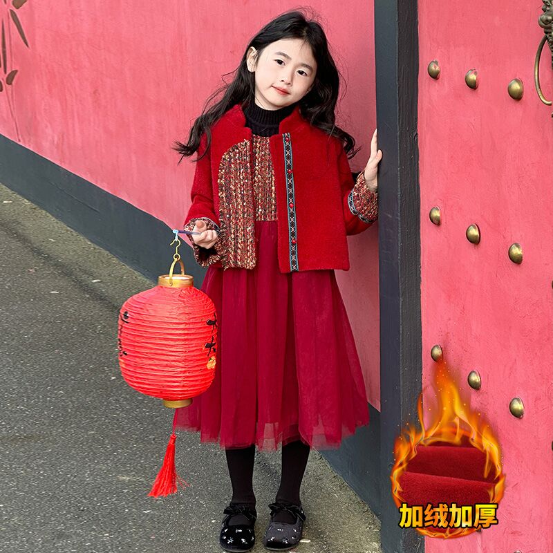 女童民族风连衣裙套装2025新款大儿童秋冬款高级感裙子冬季公主裙