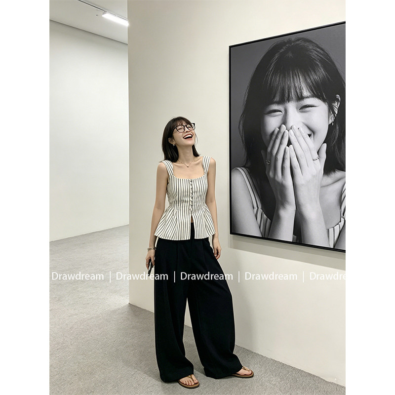 Drawdream 法式复古条纹方领吊带背心女夏季收腰显瘦气质无袖上衣