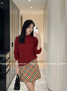 Drawdream 韩系复古圆领红色针织衫女春季高腰彩色格子半身裙套装