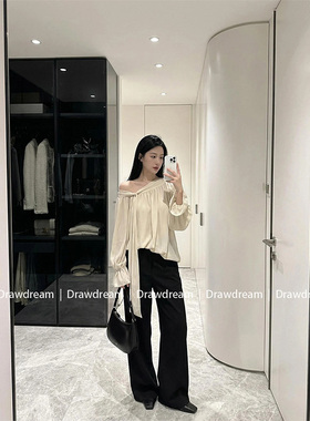 Drawdream 法式不规则斜肩长袖衬衫女春季设计感系带宽松露肩上衣