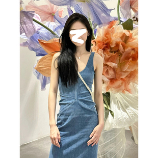 Drawdream 蓝色牛仔吊带连衣裙女夏季高级感修身显瘦开叉包臀长裙