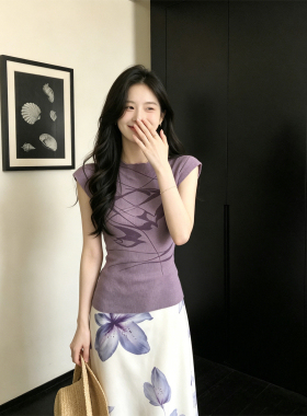 Drawdream 气质紫色印花针织背心女夏季圆领修身显瘦百搭无袖上衣