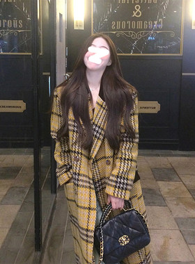 复古黄色格子西装领毛呢外套女