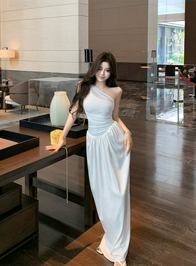Drawdream 欧美纯欲白色斜肩无袖连衣裙女夏季网纱修身显瘦长裙