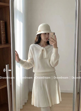 Drawdream 甜美风蝴蝶结V领长袖毛衣女装简约宽松软糯打底衫上衣