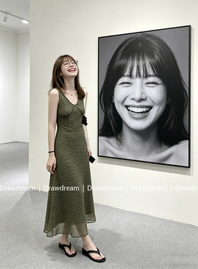 Drawdream 绿色复古V领波点背心连衣裙女夏季收腰显瘦气质A字长裙