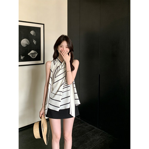 Drawdream 高级感黑白条纹飘带挂脖小衫女装气质通勤无袖百搭上衣