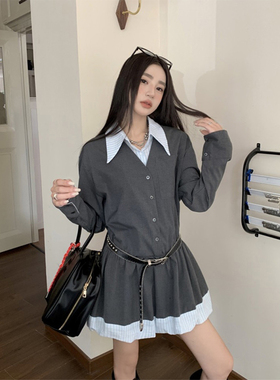 Drawdream 韩版学院风灰色假两件翻领长袖连衣裙女纯欲撞色蓬蓬裙