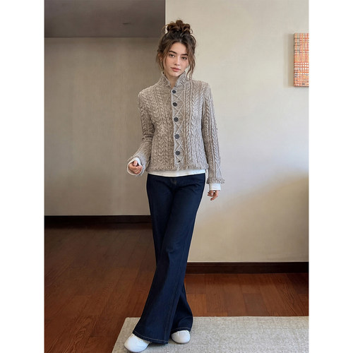 Drawdream 法式立领绞花长袖针织开衫女秋季修身显瘦短款毛衣外套