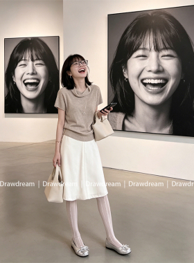 Drawdream 法式气质荡领短袖针织衫女夏季高腰垂感A字半身裙套装