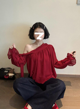 Drawdream 不规则斜肩红色绑带雪纺衬衫女宽松显瘦露肩长袖上衣