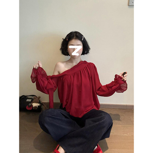 Drawdream 不规则斜肩红色绑带雪纺衬衫女宽松显瘦露肩长袖上衣