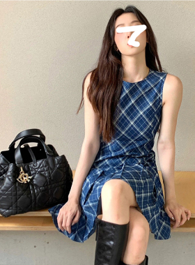 Drawdream 复古格纹无袖连衣裙女港味甜美减龄气质修身背心百褶裙