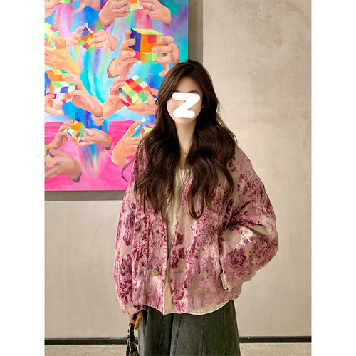 Drawdream 国风优雅气质V领长袖外套女装秋冬重工印花超好看上衣