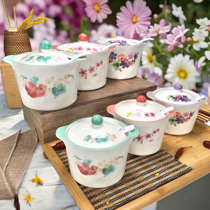 中国风家用陶瓷猪油罐调味罐耐高温油泼辣子有盖有勺家用中式厨房