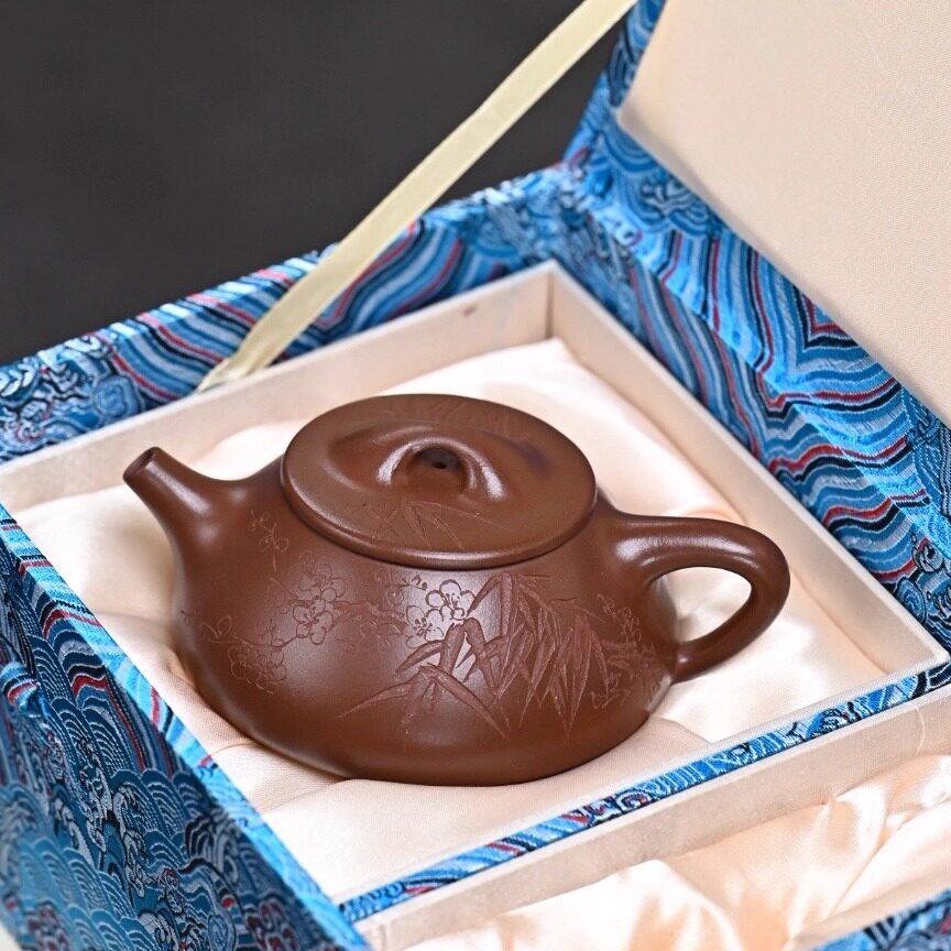 梅花刻竹子原矿老紫泥景舟石瓢壶