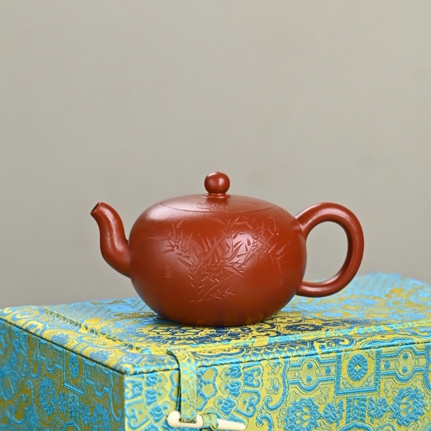 茶壶刻竹原矿皱皮朱泥一粒珠壶