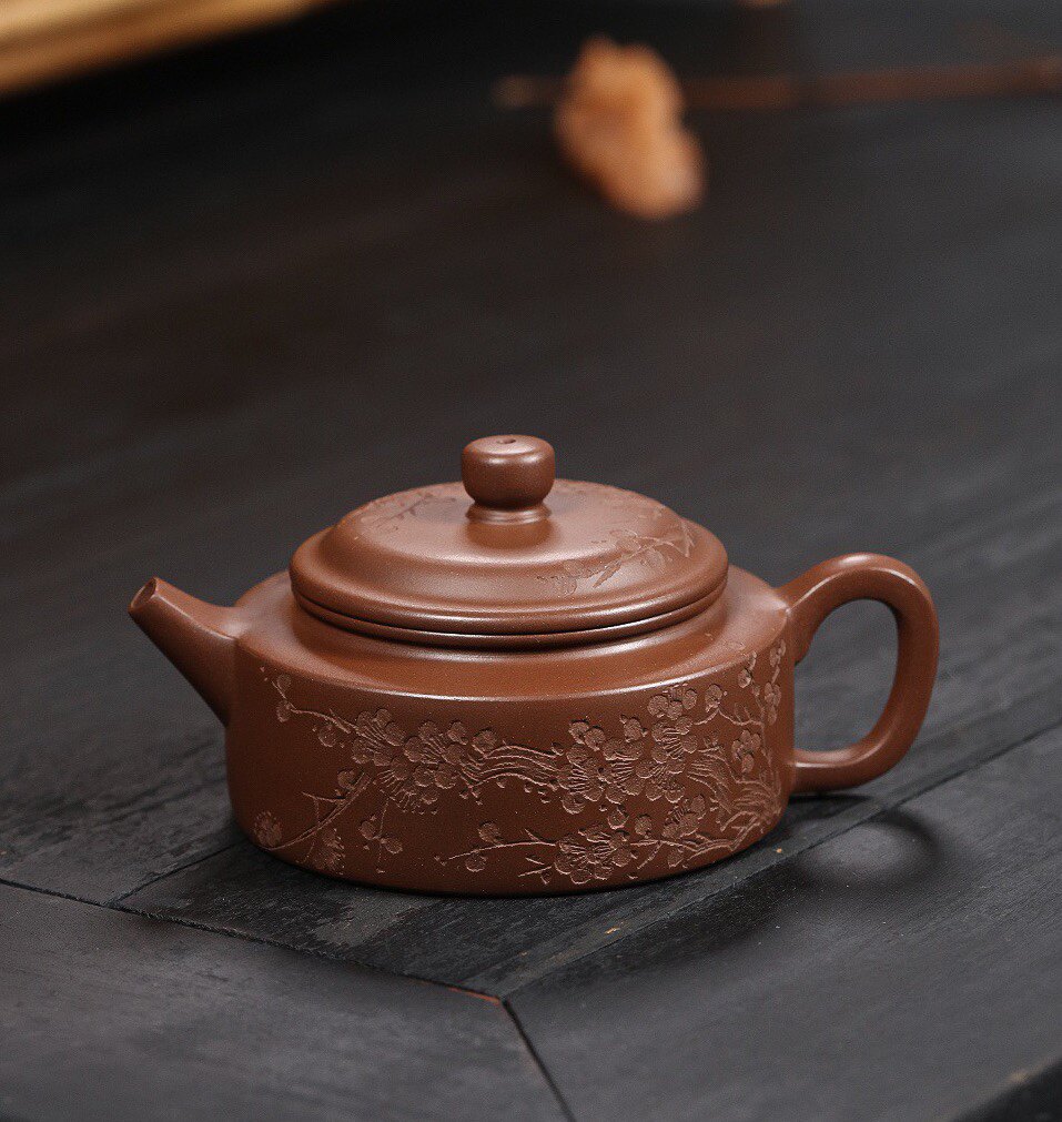 200毫升老紫泥德钟紫砂原矿刻梅花家用泡茶壶茶具紫砂壶平底德钟