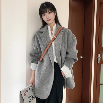 灰色双面呢羊绒大衣女西装外套秋冬高级感外套小个子羊毛呢外套女