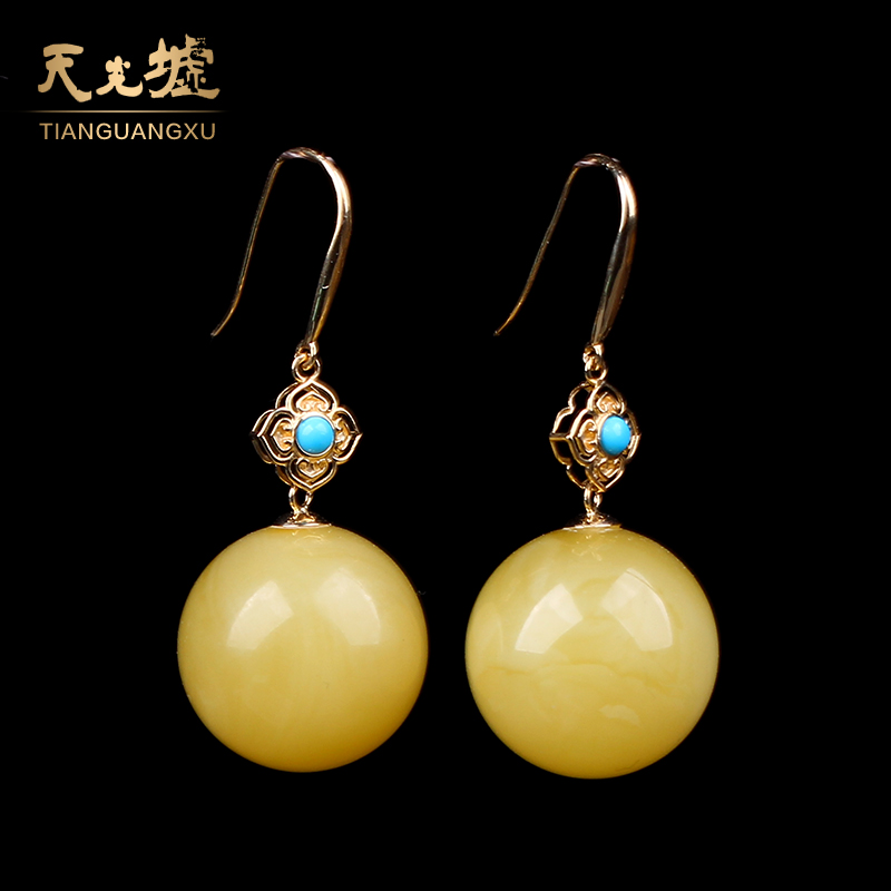 天光墟蜜蜡耳坠18K金镶嵌蜜蜡圆珠耳坠琥珀耳饰女耳环